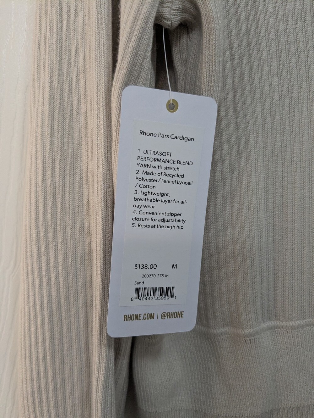 RHONE Cream Zip Ribbed V-Neck Cardigan - Picture 7 of 9